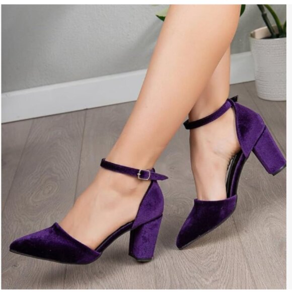 YDN Purple Chunky Heel Pumps Ladies Pointed Toe D'Orsay Adjustable Buckled Shoes - Picture 1 of 8